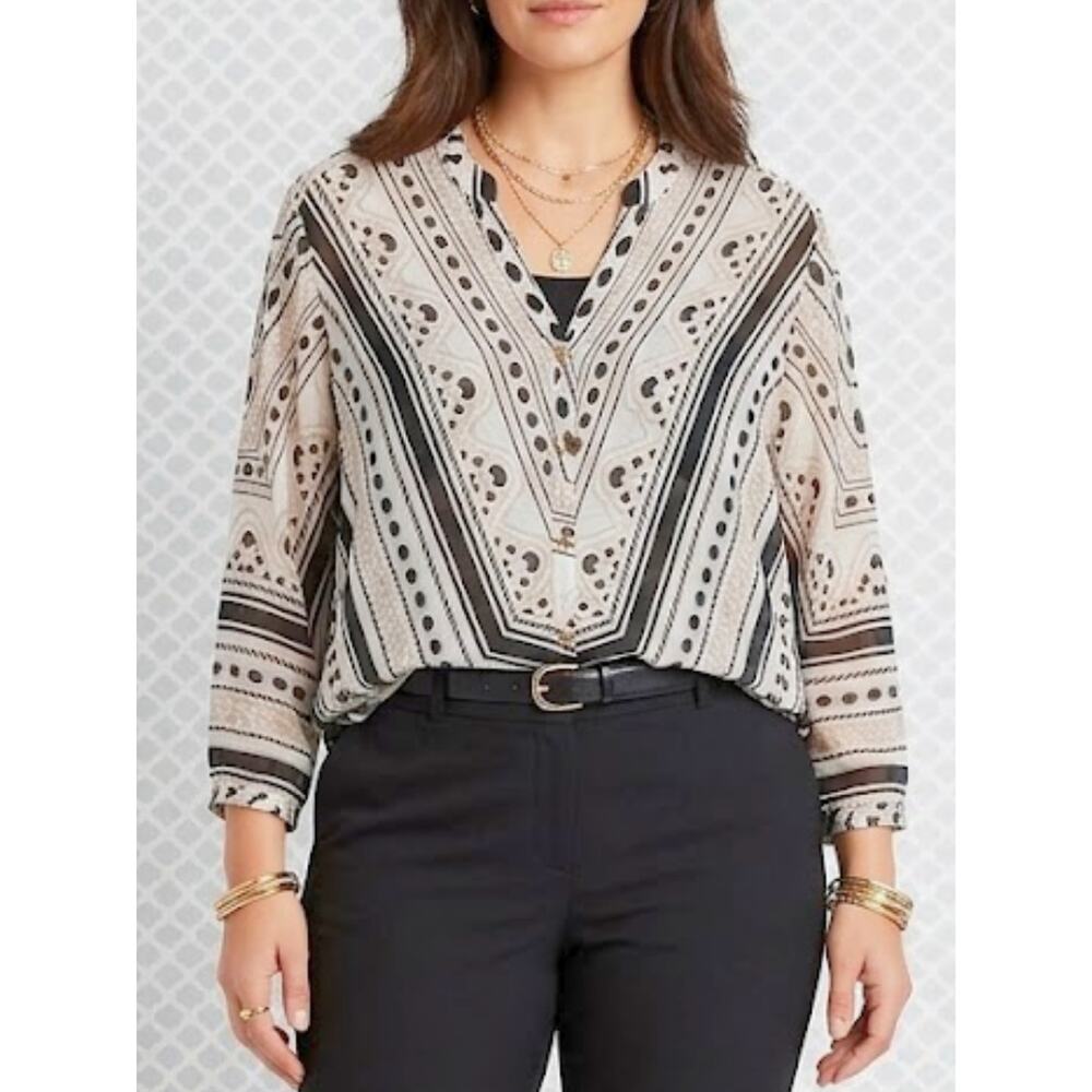 JM COLLECTION Geometric Scarf Print Chiffon Blouse, L